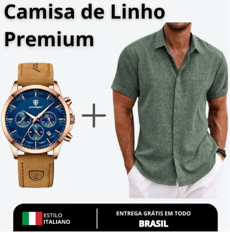 Camisa Manga Curta OLIVER de Linho – Estilo e Elegância + BRINDE: Relógio Masculino Exclusivo!